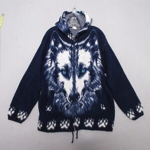 Inka Marka Hoodie Jacket Large Blue Wolf Alpaca Full Zup Ecuador Fleece Pockets